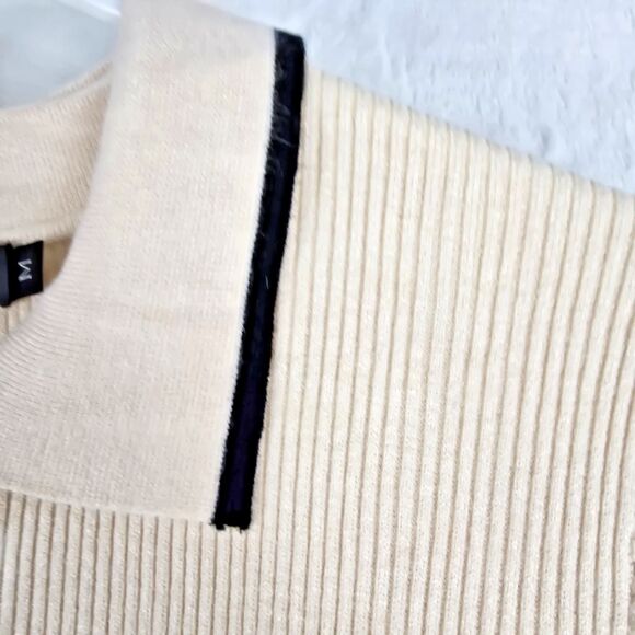 NENONA Pleated Contrast Trim Color Sweater Long Sleeve Women Medium Cream Lapel - Picture 3 of 7